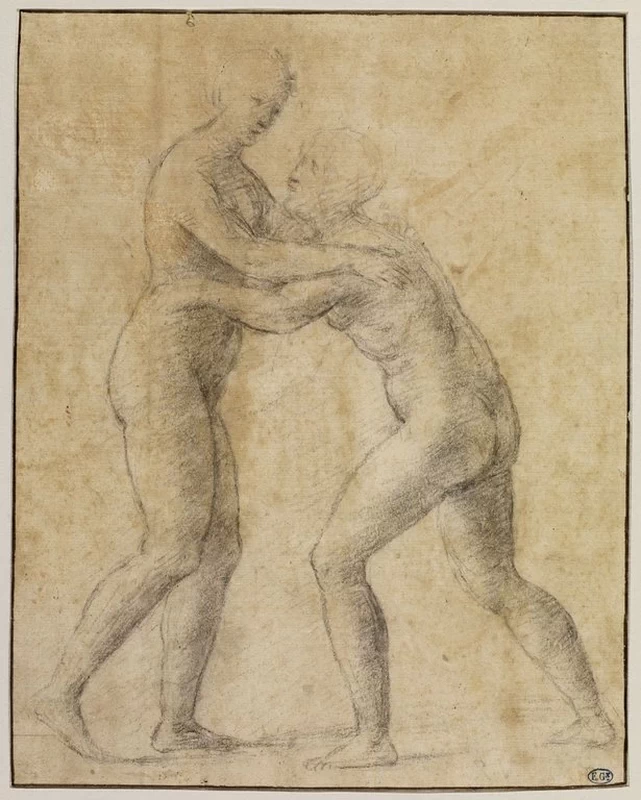 Due donne nude in piedi e abbracciate Studio per una visita